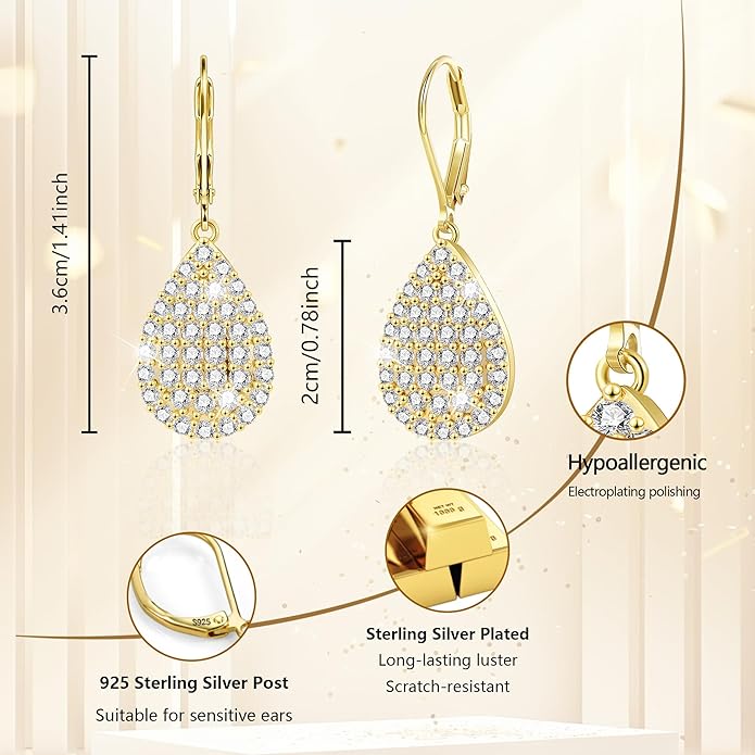 ALEXCRAFT 925 Sterling Silver Dangle Earrings, 14K Gold Plated Heart Waterdrop Earring for Women Trendy Hypoallergenic Leverback Earings Wedding Cubic Zirconia Dangle Earrings Jewelry for Women