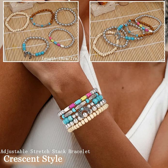 COLOYAN 28PCS Western Bracelets for Women Stackable, Stretch Charm Bohemian Bracelet Stacks, Vintage Turquoise Bead Bracelet Western Jewelry