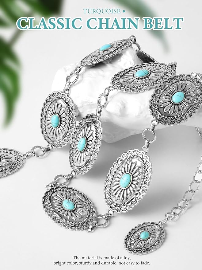 FIORETTO Metal Waist Chain Link Belt for Women Western Cowgirl Boho Turquoise Belts for Dress Jeans Country Concert Outfit