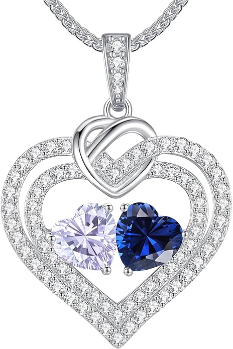 LOUISA SECRET Sparkling Double Heart Birthstone Necklaces for Women, 925 Sterling Silver Fine Jewelry, Pendant Heart Necklaces Birthday Anniversary Christmas Gift for Women Wife Mom Girlfriend Lady
