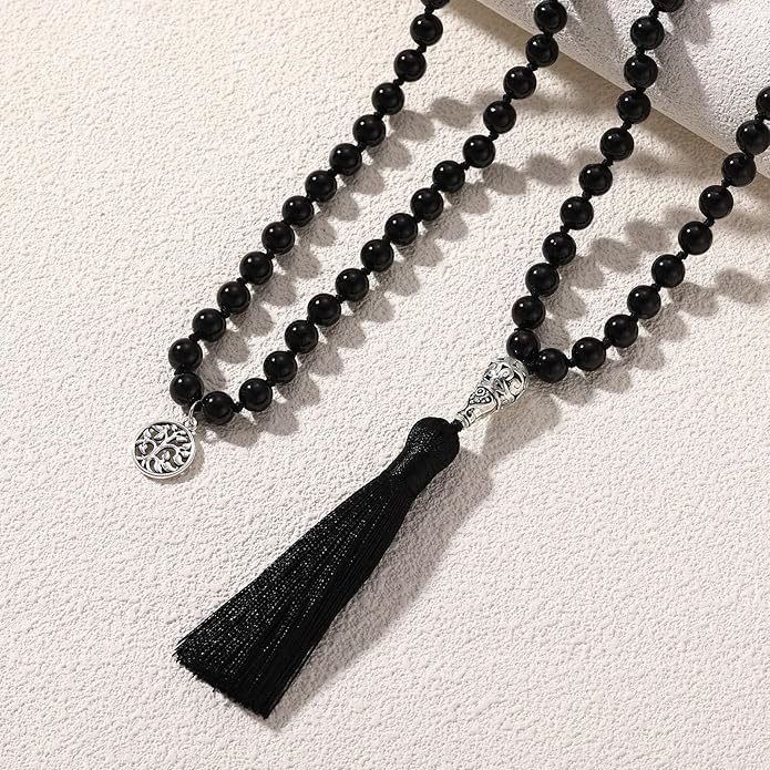 INBLUE 108 Mala Prayer Beads Wrap Necklace with Long Tassel Boho Necklace for Women Amazonite Bead Bracelet with Spiritual Tree of Life Pendant 108 Beads Necklace for Meditation