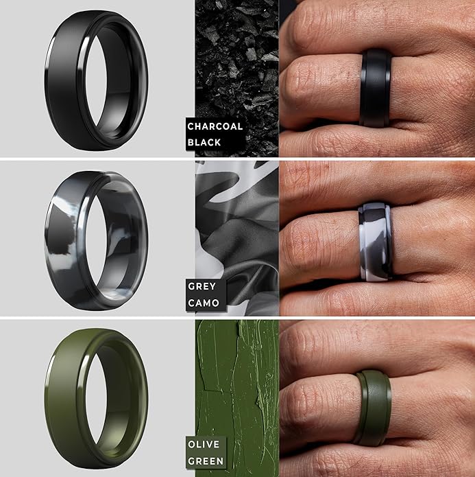 ThunderFit Silicone Rings for Men - 7 Rings / 4 Rings / 1 Ring Step Edge Rubber Wedding Bands 10mm Wide - 2.5mm Thick
