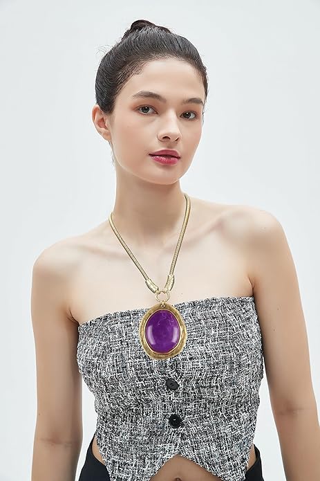 GelConnie Leather Necklace for Women Large Pendant Long Brown Necklace Circle Leather Choker Vintage Sweater Necklace Gold Chunky Boho Necklaces for Women