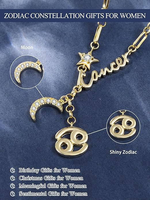 14K Gold/Rose Gold Zodiac Necklace for Women - Horoscope Constellation Pendant with Moon and Star, Luxury Birthday Gifts Jewelry for Her (12 Zodiac Signs)