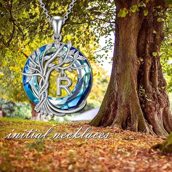 TOUPOP Gifts for Women Tree of Life Necklace 925 Sterling Silver Initial Pendant Family Tree Crystal Jewelry Valentine's Day Birthday Gifts for Her Mom Wife Girlfriend Daughter
