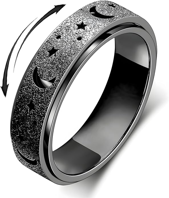 AmorArtSky Anxiety Ring for Women Men, Titanium Stainless Steel Spinner Ring, 5 Colors, 6MM, Size 6-10, 3 Styles Anxiety Ring-Moon Star, Sandblasted Finished, Hollow Outer