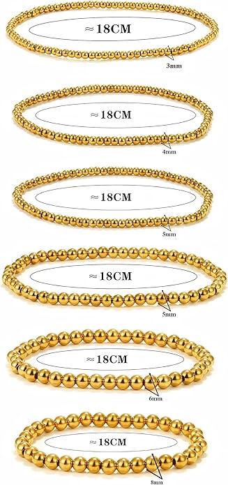 6 PCS Stackable Gold Bead Bracelet for Women | Stretch Elastic 14K Gold Plated Bohemian Sphere Beads | Hypoallergenic