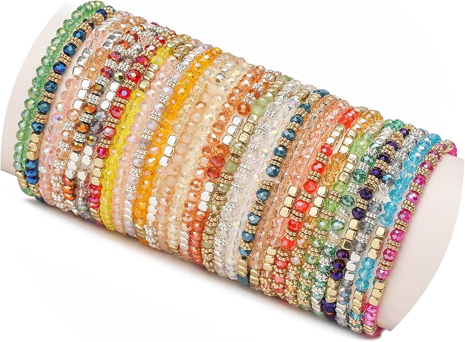 30Pcs Boho Beaded Bracelets for Women Colorful Stackable Sparkly Crystal Beads Bracelets Multi-Layer Versatile Statement Bracelets Stretch Cuff Jewelry Gifts