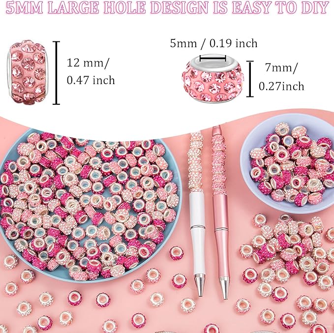 200 Pieces European Large Hole Spacer Beads, Pink European Craft Beads Rhinestone Lampwork Beads Fairy Garden Beads for DIY Charms Bracelet Necklace Earring Jewelry Making Supplies