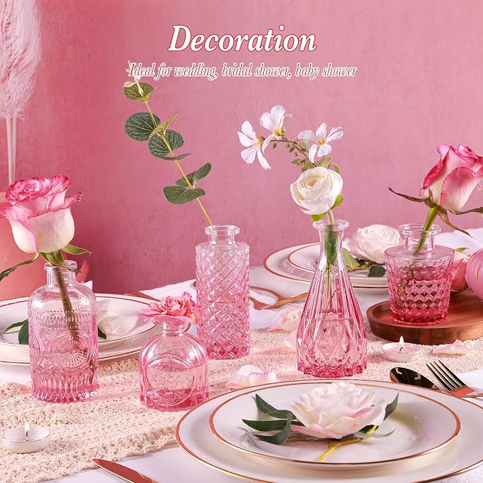 UPBUD Pink Glass Bud Vases Set of 5, Mini Flower Vase - Image 4