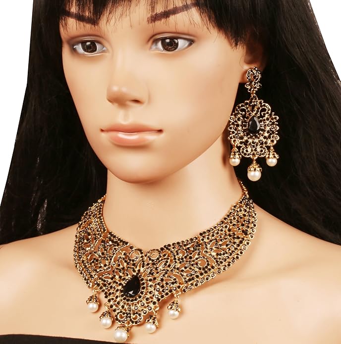Touchstone Indian jewelry sets for women tikka wedding necklace costume guest statement bollywood rhinestones crystal faux pearls gold big royal neck piece set bridal fashion accessories