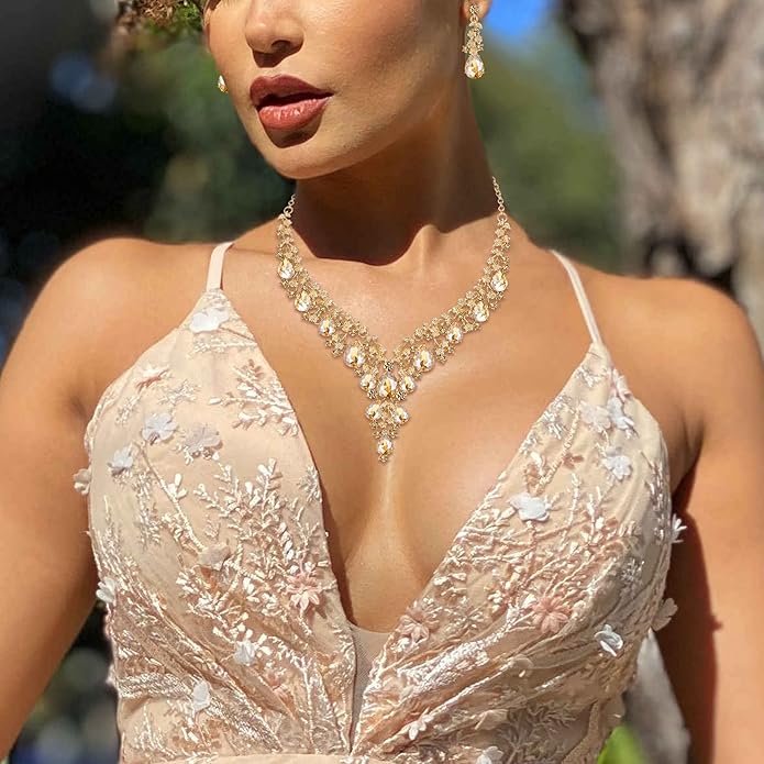 BriLove Women's Wedding Bridal Austrian Crystal Teardrop Flower Cluster Statement Necklace Dangle Earrings Jewelry Set for Party Prom