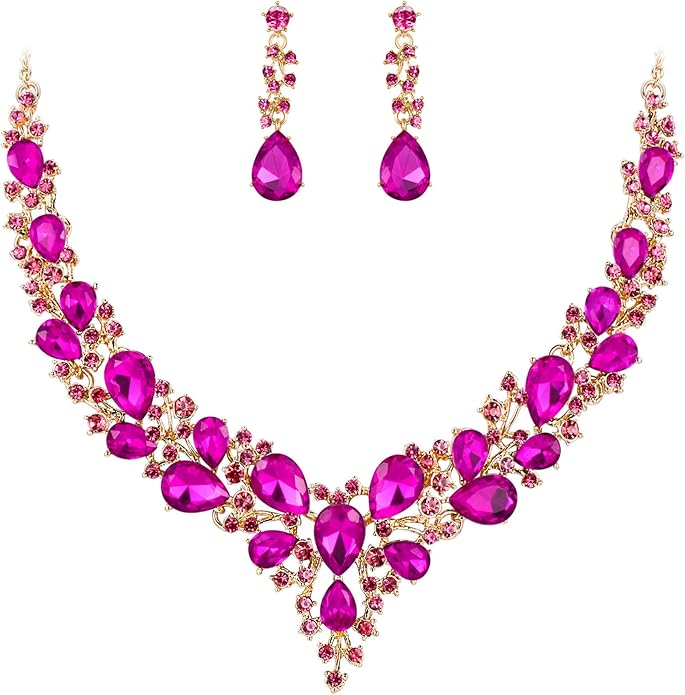 BriLove Women's Wedding Bridal Austrian Crystal Teardrop Cluster Statement Necklace Dangle Earrings Jewelry Set