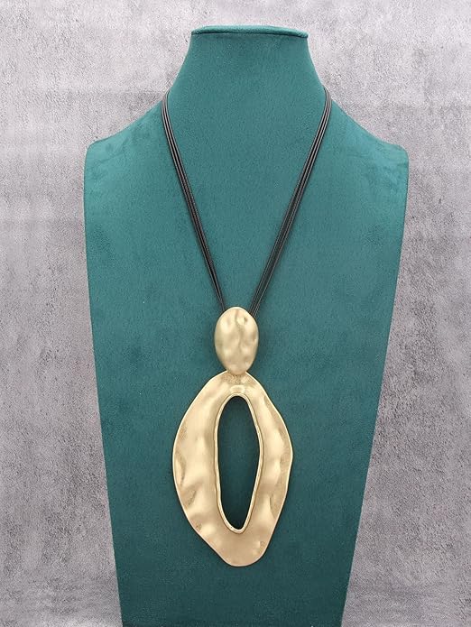 GelConnie Leather Necklace for Women Large Pendant Long Brown Necklace Circle Leather Choker Vintage Sweater Necklace Gold Chunky Boho Necklaces for Women