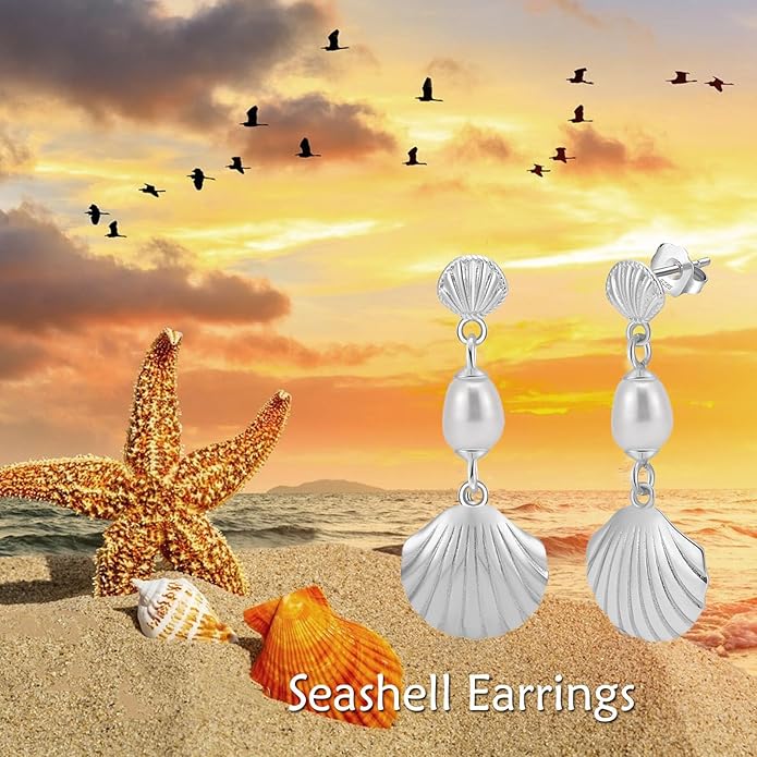 VONALA Silver/Gold Seashell Pearl Dangle Earrings 925 Sterling Silver Beach Drop Dangle Earrings Starfish Leverback Earrings Ocean Jewelry Gifts for Women