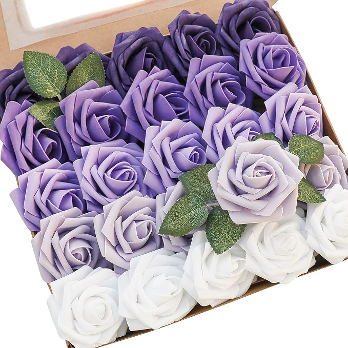 Artificial Flowers 25pcs Real Looking Violet Purple Ombre Colors Foam Fake Roses by Floroom