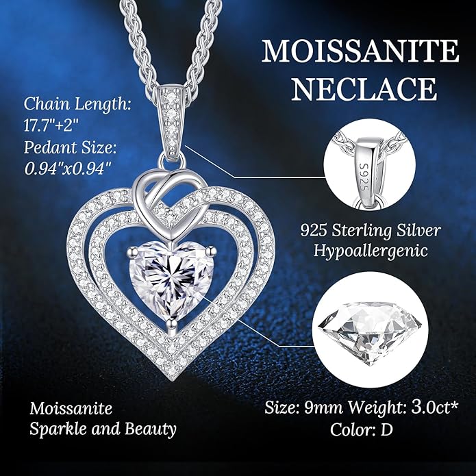 OOBEE Valentines Day Gift Moissanite Heart Necklaces for Women, 1- 4 Carat Moissanite 925 Sterling Silver 14K Gold Plated Pendant Necklace, Ideal Anniversary Birthday Christmas Mothers Day Jewelry Gifts for Mom Wife Her Girlfriend Daughter