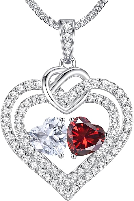LOUISA SECRET Sparkling Double Heart Birthstone Necklaces for Women, 925 Sterling Silver Fine Jewelry, Pendant Heart Necklaces Birthday Anniversary Christmas Gift for Women Wife Mom Girlfriend Lady