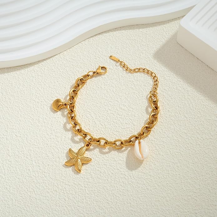 Gold Charm Bracelet for Women Boho Adjustable Shell Starfish Bracelet Summer Beach Ocean Statement Bracelets
