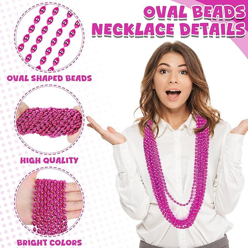 100PCS Breast Cancer Awareness Accessories, Oval Pink Bead Necklace Party Favors, 32" Metallic Mardi Gras Necklace Stuff, Festival Parade Throw Accessories for Wedding Birthday Celebrations Decor