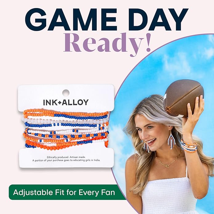 INK + ALLOY Game Day Bracelet Stacks, Beaded Bracelets for Football Gameday Outfits, Handmade Jewelry for College Students, Teachers, Football Moms, Set of 10