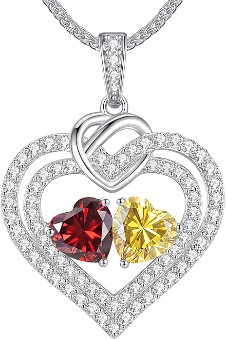 LOUISA SECRET Sparkling Double Heart Birthstone Necklaces for Women, 925 Sterling Silver Fine Jewelry, Pendant Heart Necklaces Birthday Anniversary Christmas Gift for Women Wife Mom Girlfriend Lady