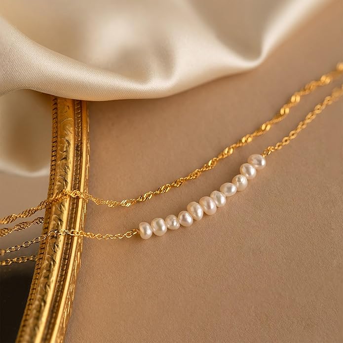 SLOONG Valentines Day Gifts for Her Gold Pearl Bracelets, 18K Real Gold Plated Dainty Stackable Snake Chain CZ Heart Pendant Bracelets, Layered Waterproof Jewelry Gift for Women Adjustable 6"+2"