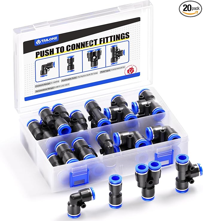 TAILONZ 10mm Push to Connect Fitting Splitters+Elbows+Tees+Straight 20pcs | by TAILONZPNEUMATIC
