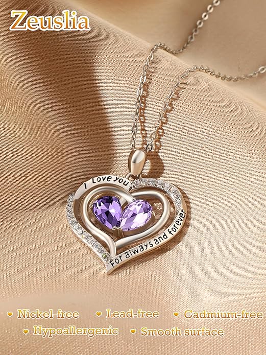 Valentine's Day Gifts for Wife 925 Sterling Silver Double Birthstone Pendant Necklaces I Love You for Always and Forever Necklace Anniversary Birthday Gifts for Wife Girlfriend Mom Her