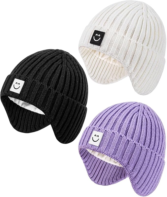 3 Pack Baby Beanie Hats with Earflaps, 2 Size Baby Winter Hat for Infant Toddler Kids, Fleece Lined Knit Hat for Girls Boys
