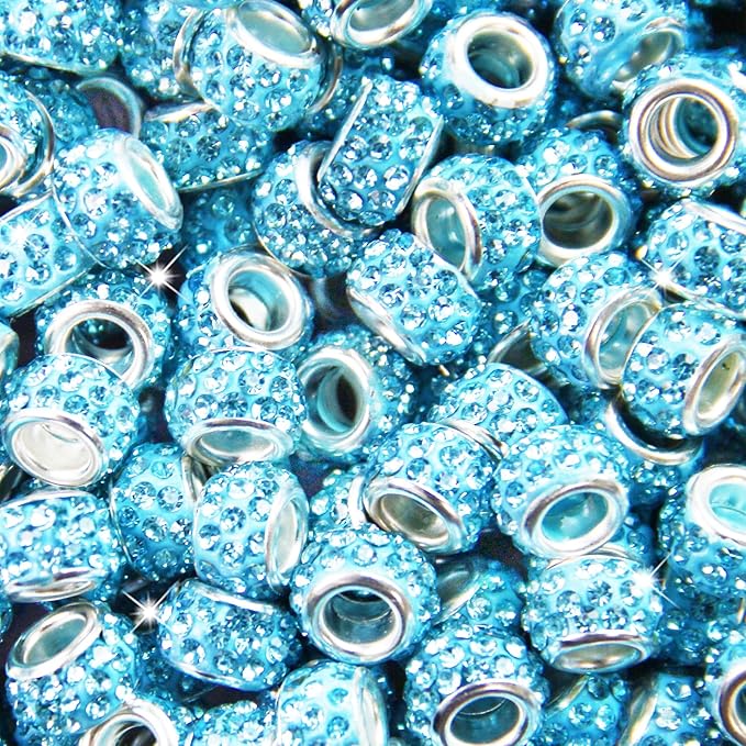 150Pcs Rhinestone Large Hole Beads Spacer Beads Sky Blue European Craft Big Beads Large Hole Rhinestones Lampwork Murano Bead Fairy Wand Garden Beads for DIY Bracelet Necklace Jewelry Making Supplies