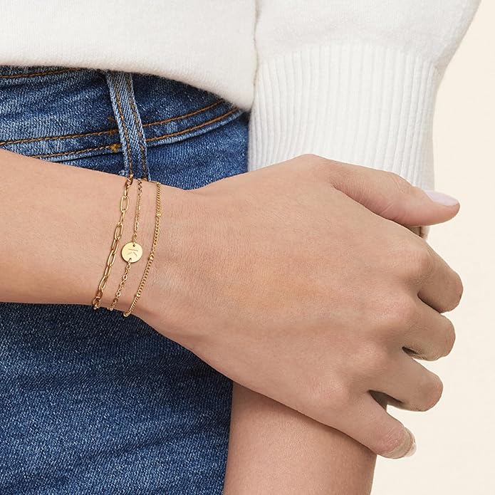 Valentines Day Gifts - Gold Initial Bracelets for Women - 18K Gold Plated over Stainless Steel Letter Charm Bracelet with Layered A to Z Design - Birthday Christmas Jewelry Gifts