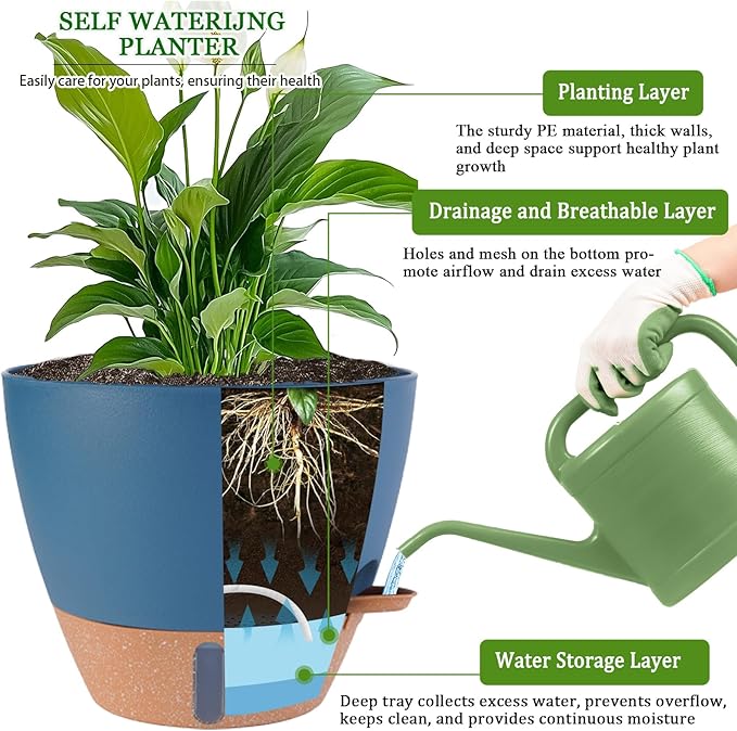 2 Pack 10 inch Plant Pots, Plastic Self Watering Planters | Drainage Holes - Image 3