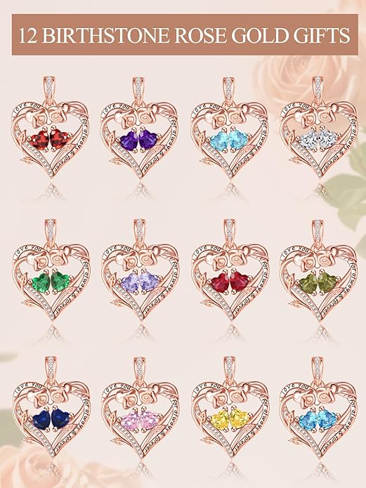 Rose Heart Necklaces for Women, Rose Gold Forever Love Jewelry with 2 Birthstones Pendant,Valentines Anniversarry Birthday Gifts for Her Wife Mom Grandma Daughter, 18+2 Inch Chain