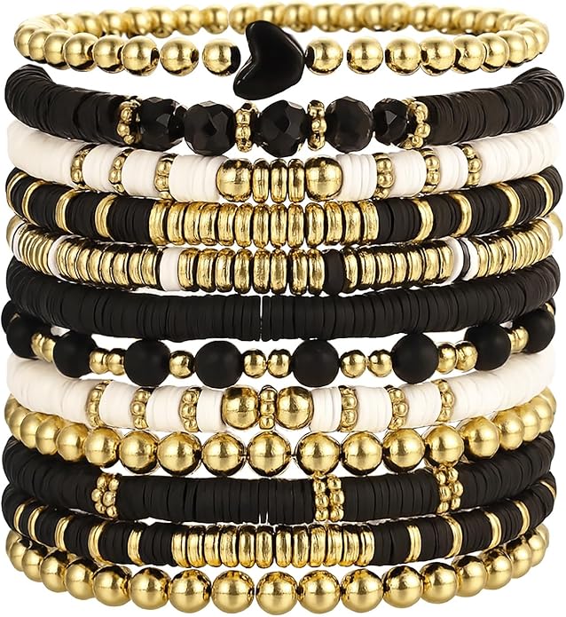iF YOU 13pcs Heishi Clay Beaded Stretch Bracelets for Women, Boho Gold Surfer Stackable Bracelet Stacks White Brown Black Beach Jewelry