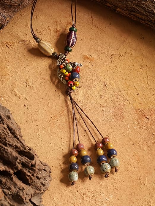 MINACHI Hippie Boho Colorful Ceramic Bead Butterfly Charm Pendant Y Necklace, Vintage Bohemian Statement Jewelry Gift for Women