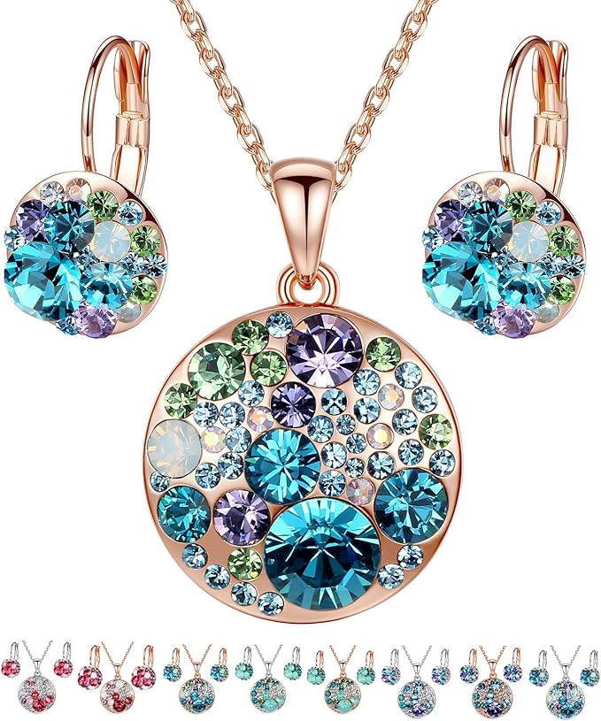 Leafael Ocean Bubble Women's Crystal Jewelry Set Costume Fashion Pendant Necklace Earring, Silver Tone or 18K Rose Gold Plated, 18" + 2", Birthday Gifts for Women