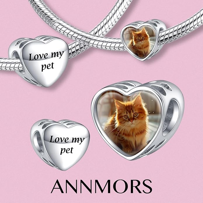 Annmors Personalized Photo Charms For Bracelets/Necklace 925 Sterling Silver Love Heart Shaped Engraved Customize Picture Gift for Birthday Mother's Day,Bead Charms Jewelry for Women