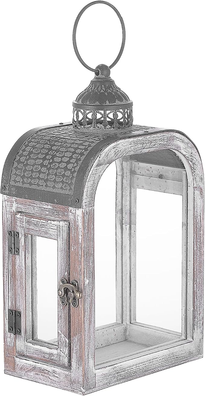 11" High Farmhouse Decorative Lanterns Set, Glass and Metal, Distressed White by Unknown