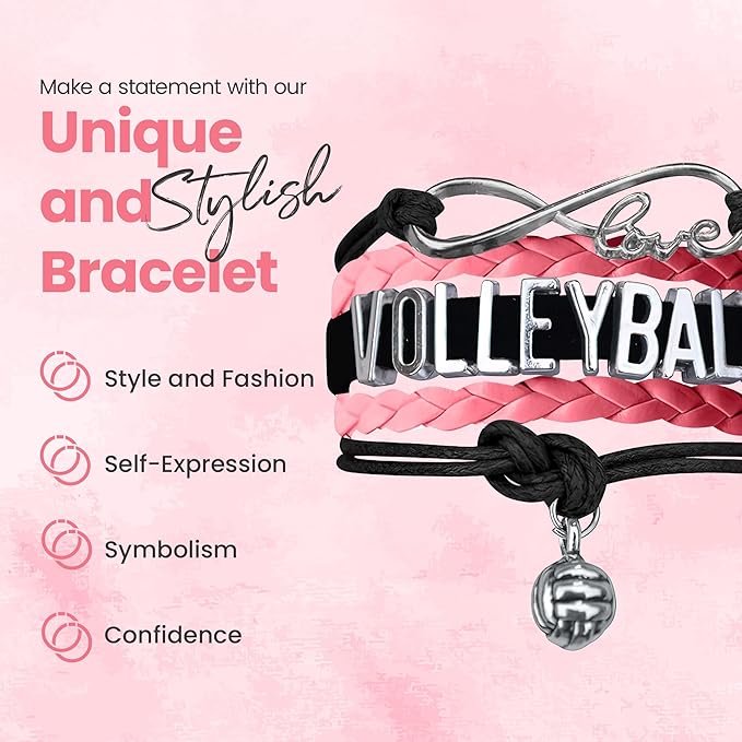 Volleyball Bracelets For Girls- Ideal Volleyball Gifts & Souvenirs. Adjustable Charm Bracelet with Moveable Letters, Infinity Symbol & Silver Volleyball Charm. Fashionable Bracelets by SportyBella.
