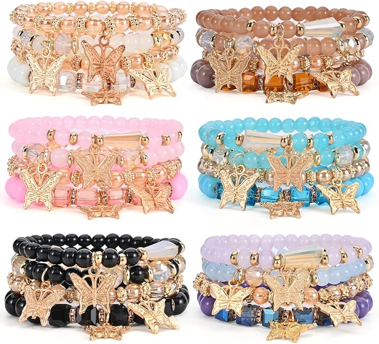 Bohemian Bracelet Sets for Women - 6 Sets Stackable Stretch Bracelets Multi-color Boho Jewelry for Women Hippie Bracelets Dainty Jewelry