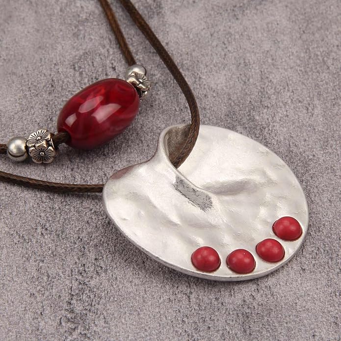 Boho Necklaces for Women Chunky Circle Necklace Layered Boho Circle Leather Choker Necklace Long Vintage Necklaces Bohemian Jewlery Gifts