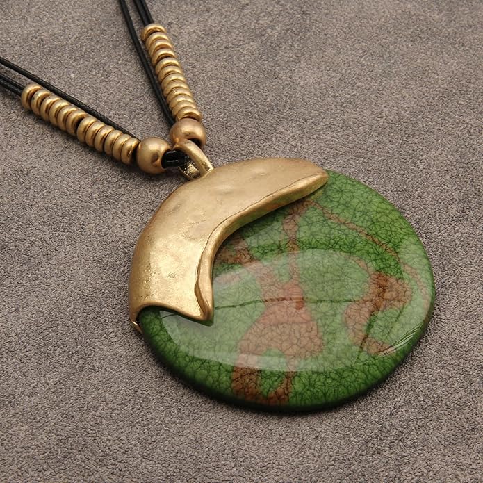 GelConnie Leather Necklace for Women Large Pendant Long Brown Necklace Circle Leather Choker Vintage Sweater Necklace Gold Chunky Boho Necklaces for Women