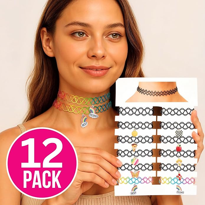 BodyJ4You 12PC Tattoo Choker Necklace for Women - 90s Choker Necklaces Y2K Fashion Trendy Vintage - Emo Black Choker Rainbow Pink White Purple Neon Green Blue Daisy Flower