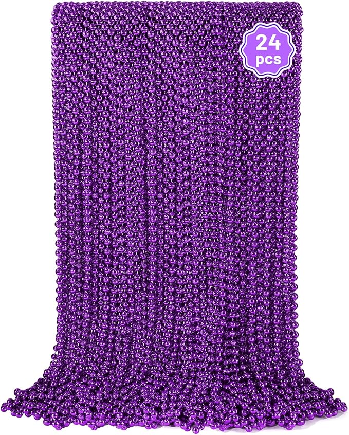 YAXINRUI 24 PCS Purple Mardi Gras Beads, Halloween Beads, 33 Inch Round Beaded Necklace, Costume Necklaces for Mardi Gras, Christmas, Halloween, Party Favors