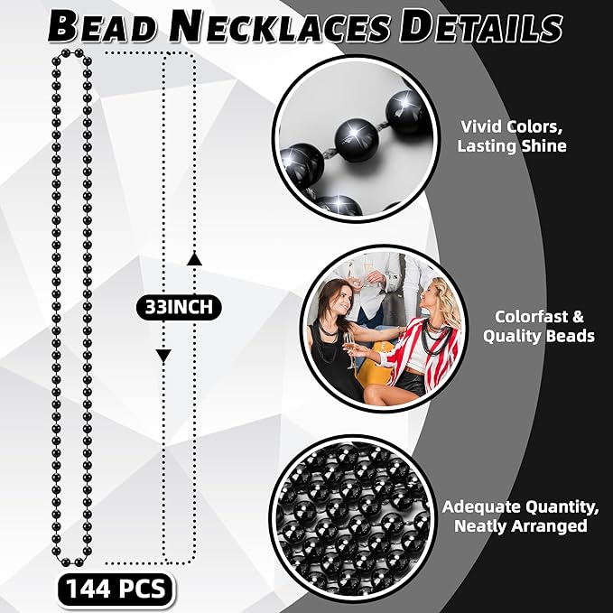 YAXINRUI 144 PCS Black Bead Necklaces, Black Mardi Gras Beads, Halloween Beads Necklace, New Year Eve Necklaces, 33 Inch Black Beaded Necklace for Mardi Gras Christmas Halloween Festive Events