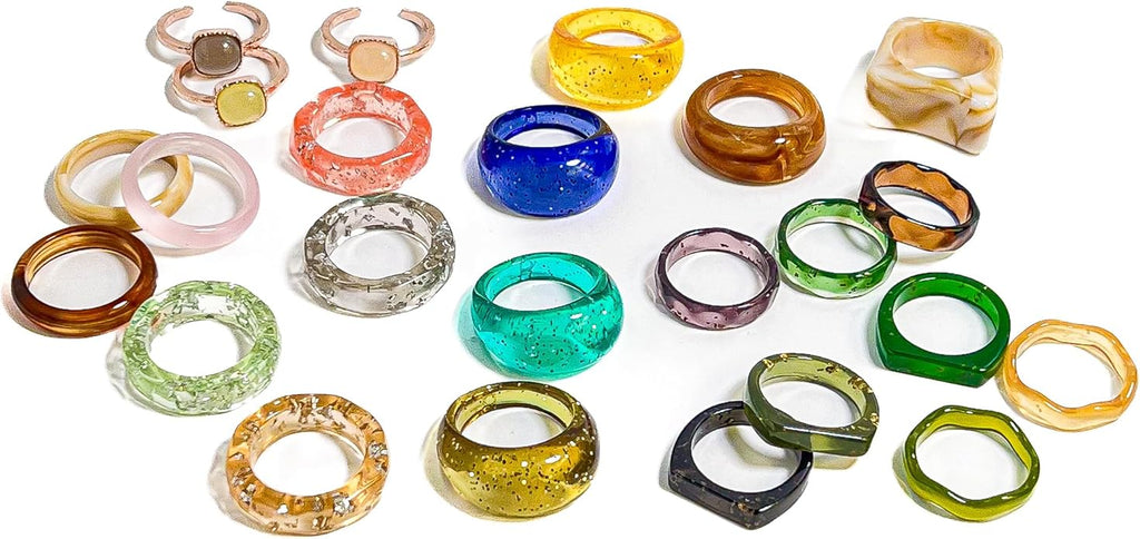 Viva Joya Resin Acrylic Plastic Knuckle Rings for Women, Chunky Trendy Colorful Stackable Jewelry, Statement Dome Thick Rings, Bulk Set