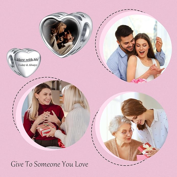 Annmors Personalized Photo Charms For Bracelets/Necklace 925 Sterling Silver Love Heart Shaped Engraved Customize Picture Gift for Birthday Mother's Day,Bead Charms Jewelry for Women