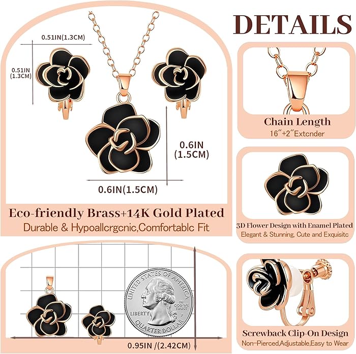 Dainty Rose Flower Pendant Necklace Clip On Earrings Set for Women 14K Gold Plated Hypoallergenic Jewelry Sets