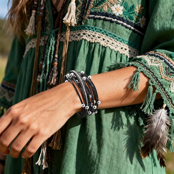 Wrapped Bracelets for Women,Leather Bracelet,Boho Bracelets for Women,Multi-Layer Pearl Crystal Bracelet Bangle Jewelry